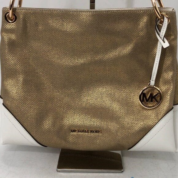 Michael Kors Nicole Gold Fabric Leather Medium Shoulder Bag SAMPLE - Picture 2 of 12
